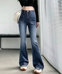  韓国風セミフレアデニムパンツ レディース レトロ風ジーンズ ビンテージ デニム カジュアルパンツ女