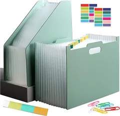 DY.2ten ファイルボックス A4 ドキュメントスタンド 2点セット 13ポケット ドキュメントファイル 横型 縦型 自立型 アコーディオン式 12仕切り ペーパークリップ付き カラーラベル付き( グリーン)