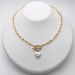バロックパールのデザインネックレス ハート 淡水真珠 ゴールド系 ステンレスチェーン 18金メッキ 金属アレルギー