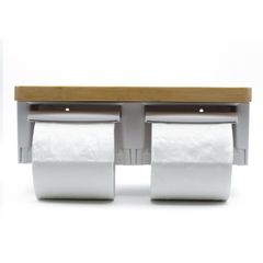 トイレットペーパーホルダー バスルーム ADSプラスチック楠竹木製製 切断機能付き DIY おしゃれ 2連 棚付き 賃貸対応 小物置き 簡単設置 補充楽 飾り棚 紙巻器 コンパクト設計(竹ホワイト ダブル)