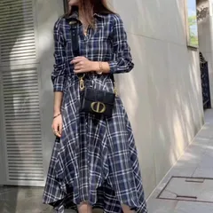 ワンピース レディース 長袖 ロング チェック柄  シャツワンピース アシンメトリー ゆったり きれいめ オシャレ韓国風 上品 通勤 0511