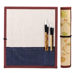 【迅速発送】筆巻き 書道 30cm*26cm 花柄 竹製 ポケット付き コンパクト ヴィンテージスタイル 軽量 通気性 筆入れ 筆ケース 収納 手織筆巻 持ち運びが簡単 習字筆 7本の筆を収納