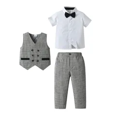  男の子服子供服 キッズ服 フォーマル 子供スーツ ベビー服 半袖シャツ+ズボン+ベスト3点セット 夏 ブリティッシュスタイル タキシード風 卒園式 入園式 七五三 お宮参り 結婚式 入学式 90 100 110 120 130cm