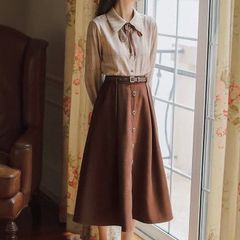 【新品】レトロガーリー♡チェックボウタイブラウス＋スカート　E1467　レディース 韓国 ブラウス スカート セットアップ レトロ チェック柄 おしゃれ きれいめ お得 おすすめ ブラウン S M L
