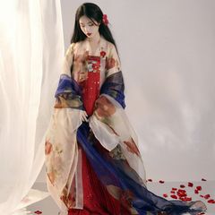 漢服女 唐製 春夏 タイプ 4点セット ワンピース スカート プリント 大袖シャツ 胸 揃え プリーツ スカート 古着レディース チャイナドレス 古風 ワンピース ドレス ステージ衣装 改良 漢服 中華服 チャイナ服 衣装 仮装 中華風 コスプレ