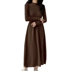 [ウェアビー] スタンドカラー ニット 切り替え ワンピース リブ編み シンプル フレア Aライン レディース ボトルネック ハイネック ミドルネック ミモレ丈 膝下 ワンピ 厚手 暖かい ポカポカ 妊婦 マタニティ ベーシック カジュア [ブラウン] [S]