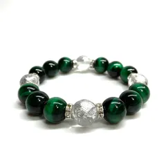 12mm 四神獣銀彫水晶×グリーンタイガーアイ パワーストーン ブレスレット天然石 運気上昇 金運 健康運 お守り 青龍 白虎 玄武 朱雀　[24] （シルバー）メンズ・レディース　男性・女性　数珠ブレス　開運  [24] 