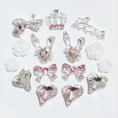 No.63　量産型　ゆめかわ　キラキラ　姫ネイル　うさぎ　リボン　うさぎ　王冠　love 　ハート　リボン　ピンク　バラ　ストーン　ネイルパーツ　まとめ売り