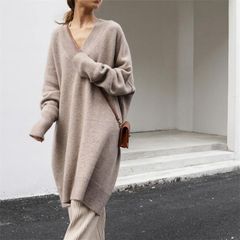 ニット ワンピース ワンピ ロングワンピース チュニック ワンピース ドルマン 長袖 リブ Vネック 大きいサイズ 秋 冬 レディース ミモレ丈 ゆったり シンプル おしゃれ カジュアル 体型カバー fuzhuang875