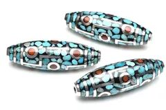 シルバー925 ターコイズ＆赤瑪瑙 35-36x11.5mm 九眼天珠 ビーズ 1個売り パワーストーン 天然石 _PR3447-2