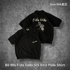 80-90s Fido Dido S/S Knit Polo Shirt ファイドダイド ニットポロシャツ 半袖 ブラック サイズMA 両面プリント コットンポリ サンリオ キャラクター DCブランド