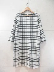 MICHEL KLEIN ミッシェルクラン ワンピース 七分袖 膝丈 チェック柄 ウール混  裏地付き ホワイト ブラック 38サイズ