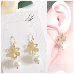 E276 ハンドメイド メタルパーツ フラワー ガラスパール ピアス イヤリング