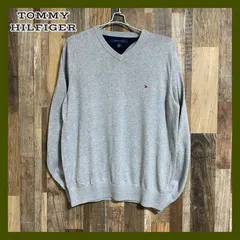 トミーヒルフィガー Vネック セーター グレー S ワンポイントロゴ メンズ 古着 長袖 秋冬