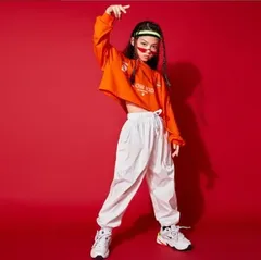 ダンス 衣装 キッズ 韓国 ガールズ トップス パンツ オレンジ 白 ヒップホップ HIPHOP 派手 へそ出し ジャズダンス 練習着 おしゃれ カジュアルzhulianj02