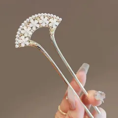 バチ型簪ヘアフォークお花白ゴールドかわいい上品留めそで着物和装髪飾りアクセサリー