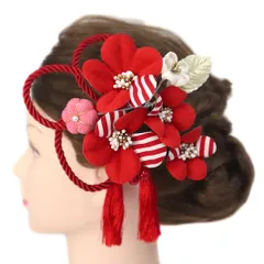 髪飾り 成人式 つまみ細工 赤 振袖 前撮り 袴 花 2点セット 白 ピンク ゴールド ちりめん 房 房付き 組紐 パール 縞 ストライ No.12-0051