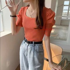 半袖ニットセーター 半袖パフスリーブ スクエアネックニット リブニットセーター 半袖リブニット 春夏ニットセーター セーター トップス レディース ニット  vii4w824845
