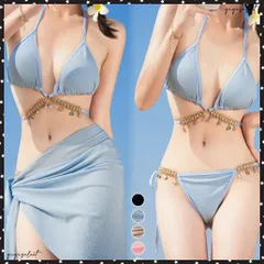 ビキニ セクシー水着3点セットレディースクロスビキニ パレオ付き ホルターネック ビーチウェア おしゃれ ビジュー付き水着 大人可愛い リボン紐ビキニ 海プール三角ビキニ 盛れる 小胸水着女性韓国風 リゾート水遊び水着