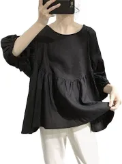 ririka チュニック ブラウス 7分袖 トップス プルオーバー 肩 ドロップ ショルダー ふんわり ゆったり 体型カバー ギャザー カジュアル レディース XXL 黒( ブラック,  2XL)