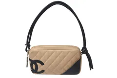極美品 CHANEL シャネル ポーチ ハンドバッグ カンボンライン ココマーク 9番台 ラムスキン ベージュ ブラック 中古 4c074402