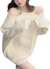 COCO&YUKA(ココアンドユカ) 肩出し セーター ニット ミニ ワンピース トップス 長袖 ゆったり セクシー チュニック オフショルダー かわいい ダメージ 無地 レディース パール 付き(ホワイト,  M)