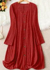 【レッド】ロングニットワンピース 秋冬服 体型カバー ママコーデ リブ編み 長袖 Vネック シンプル