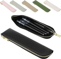 fogman ペンケース スリム PUレザー おしゃれ パステルカラー 可愛い 無地 筆箱 軽量(ブラック,  M)