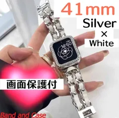 41mm シルバーホワイト　画面保護付き　アップルウォッチ　カバー　キラキラ　ケース　チェーンベルト　バンド　セット　レザー