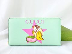 グッチ × ばなにゃ 桜餅 コラボ ラウンドファスナー 長財布 701060 グリーン ロングウォレット レディース GUCCI