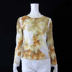 T.M. COLLECTION トップス カットソー シアー 切替 花柄 ステッチ ハイネック メロウ フリル 長袖 M 黄 イエロー マルチカラー