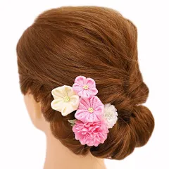 髪飾り 成人式 つまみ細工 振袖 前撮り 袴 浴衣 夏祭り 花火大会 豪華3点セット ピンク 薄ピンク 白 ちりめん ラインストーン No.9-3665