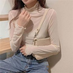 シアートップス チュールトップス 長袖 シアー シアートップス ハイネック トップス レディース シースルートップス 透け感 Tシャツ カットソー タートルネック レイヤード インナー フリル#dkh