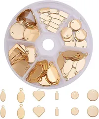 PH PandaHall 約72個/箱 6種 304 ステンレス 刻印タグ 名札 カン付き ペンダント チャーム ラベル 円形・しずく形・楕円形・心形・長方形など( ゴールド（6種＆約72個）)