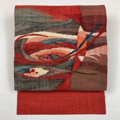 リユース帯 名古屋帯 赤 カジュアル 織り 抽象柄 未洗い MS1484