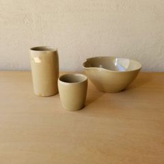 黄磁 片口 ミルクピッチャー ミルク入れ　3点セット ( 片口小鉢　小鉢　小鳥の餌入れ　黄磁　青磁　作家 )