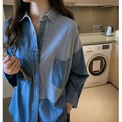 新品 デニムシャツ レディース パッチワーク ウエスタン シャツ タンガリー シャンブレー トップス 長袖 ロング丈 切替え ストライプ ゆったり kkkgqw