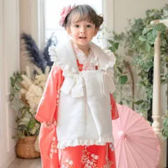 【朱色着物×雪白被布】花刺繍チュールレース着物ワンピース＆ 被布セット  七五三  キャサリンコテージ　TAK