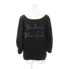 バーバリーブルーレーベル BURBERRY BLUE LABEL カットソー ラウンドネック 五分袖 バルーンスリーブ 刺繍 ロゴ バックリボン 38 M 黒 ブラック /AH17 ■GY18