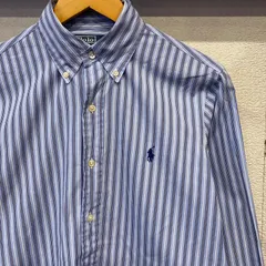 古着　Ｍ　RalphLauren ラルフローレン　90年代製　ビンテージ　ブランド　ワンポイントロゴ　長袖シャツ　刺繍ロゴ　ボタンダウン　ストライプ　青