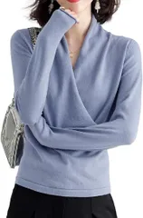 Sleeping Sheep(スリーピング シープ) カシュクール ニット セーター 長袖 Vネック レディース トップス シンプル KSYU-BG-S( ブルーグレー,  S)