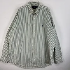 古着 90's/90年代 ラルフローレン RALPH LAUREN 長袖シャツ ロゴ 刺繍 ボタンダウンシャツ 大きいサイズ XXL  グリーン系 ストライプ メンズ