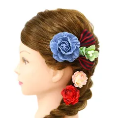 髪飾り 成人式 赤 振袖 前撮り 袴 花 6点セット 青 水色 デニム 黒 ピンク 薄ピンク 緑 リボン りぼん リーフ 縞 ストライプ No.9-4952