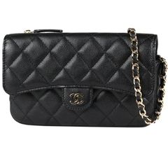 CHANEL/シャネル　マトラッセ フラップ フォン ケース（チェーンウォレット/ショルダーバッグ）　グレインド カーフスキン/キャビアスキン　ブラック×ゴールド金具　AP2096　31番台【美品】