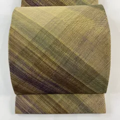 【美品】 袋帯 名品 斜縞 金糸 ベージュ 全通 正絹 【中古】