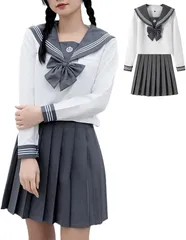 GRHONC セーラー服 グレー JK 制服 コスプレ 上下セット 女子校生(グレー/ホワイト,  XL)