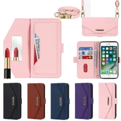 【特価セール】鏡 チェック柄 ミラー付き case 手帳 長ストラップ付き 7 肩掛け 8 iPhone 革レザー iPhone 柔らかいTPU for 多機能 for 手帳型 財布型 第2世代 カード収納 2020 小銭入 SE SE れ 縄掛けカバー スタ