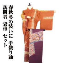 生紬 訪問着 生紬 袋帯 セット 正絹 レンガ色 赤紫 薄緑 紫 黄土色 暈し 絞り染 蝶 辻が花 笹 南天 Lサイズ ki29717 美品 送料込み