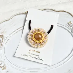 🌱ビーズ 刺繍ヘアゴム🌱ブラウンボタン ×パール×ピンク×ゴールド