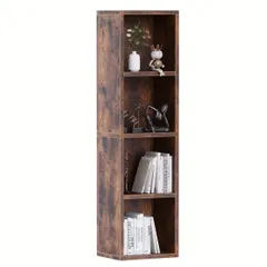 本棚 4段 オープンタイプ モダン木製キューブ収納 床置きシェルフ ホームオフィス リビング ベッドルーム対応 ラスティックブラウンカラー 多用途ブックケース ディスプレイラック シンプルデザイン リビングルーム ダイニングルーム ブラウン